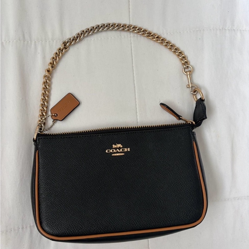 Coach Black & Tan Leather Wristlet Clutch with Gold Chain